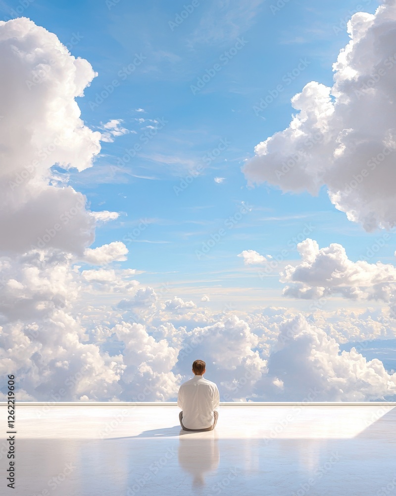 Poster a serene figure gazes at a vast sky filled with fluffy clouds, evoking feelings of tranquility and i