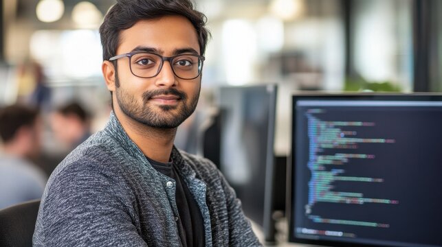 A young South Asian male software engineer poses confidently in an office environment, showcasing a blend of modern technology and professionalism.