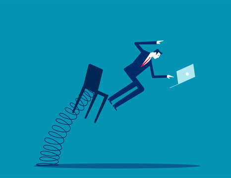 An office worker getting ejected from his seat. Business ejectable seat vector flat style