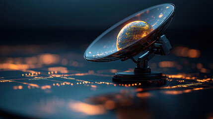 Futuristic satellite dish scanning glowing holographic globe, showcasing advanced technology and digital connectivity. scene evokes sense of innovation and exploration