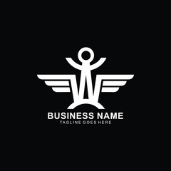 W initial logo with human and wing design concept