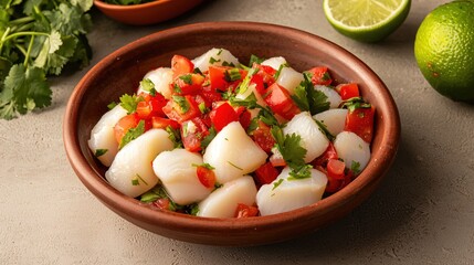 Delicious scallop ceviche with fresh tomato and cilantro in a rustic earthenware bowl