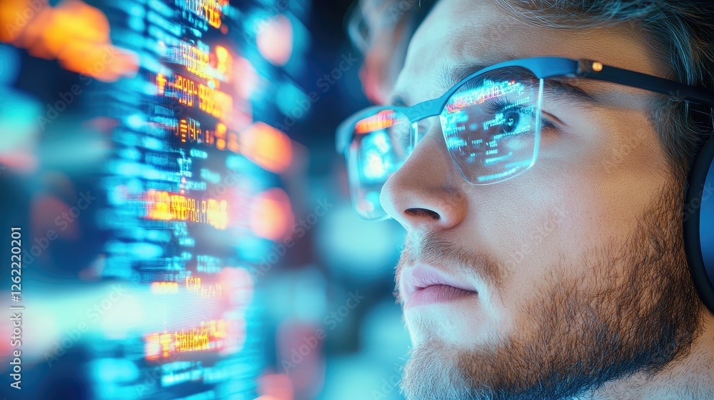 Poster man with glasses analyzing data on screen.