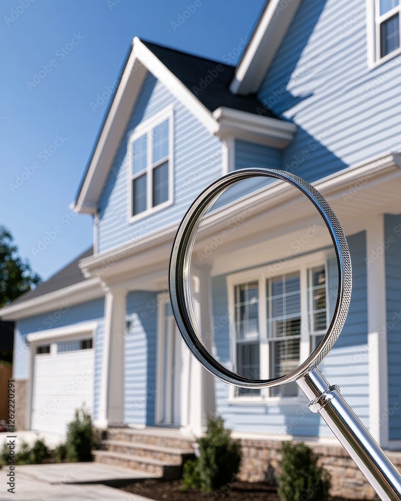 Poster a blue house is viewed through a magnifying glass, emphasizing details in its architectural features