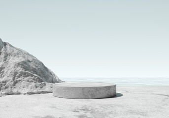 Natural Stone Round Podium on Coastal Background. 3d rendering
