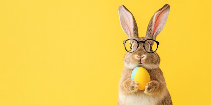 happy easter, funny animal, holiday celebration greeting card - Rabbit easter bunny with glasses and easter egg, isolated on yellow background