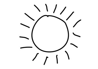 hand drawn mountain village with sun, cloud, tree, and bird