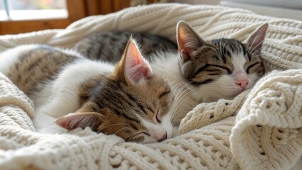 Cozy Cats Napping on Soft Beds: Happy Domestic Cats Resting After a Meal in a Warm Home Environment