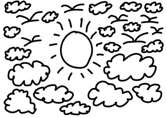 hand drawn mountain village with sun, cloud, tree, and bird