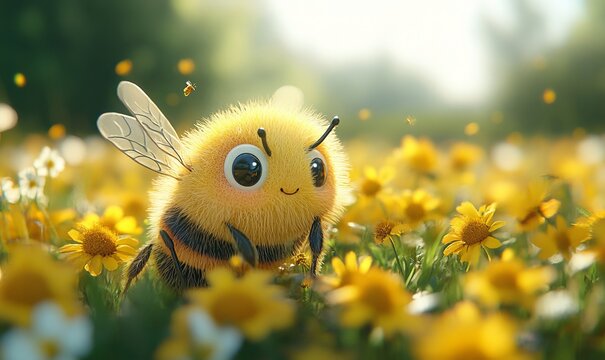 Bees pollinate food crops cute 3d anime style, Generative AI
