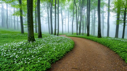 Obraz premium Winding Path Through Foggy Forest With Spring Flowers