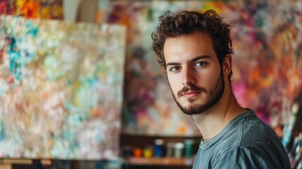 A captivating portrait of a young European male artist in his studio, showcasing creativity and passion for painting amidst a vibrant backdrop.
