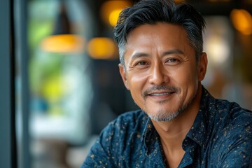 Fototapeta premium Portrait of handsome Asian man smiling and looking camera with confidence, Generative AI