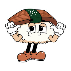 Retro sushi mascot logo, eel sushi, unagi sushi optimistic pose
