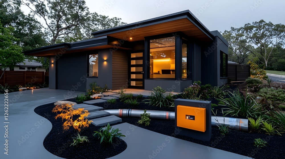 Poster discreet suburban home with retrofuturistic pipeline design minimalist architecture and serene lands