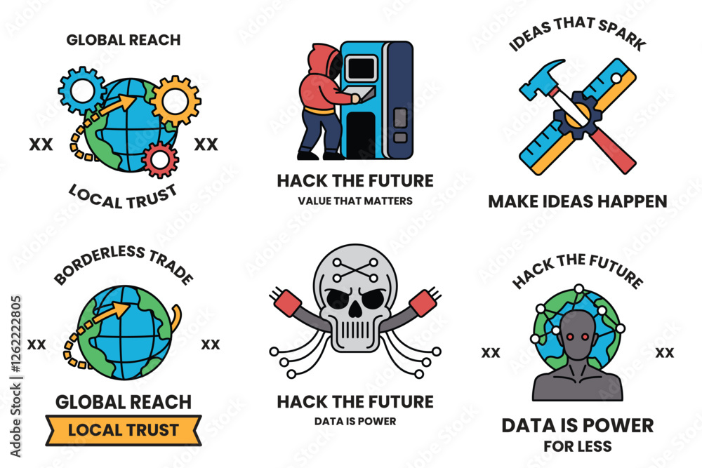 Poster set of illustrations in the concept of hackers and thieves in a line style