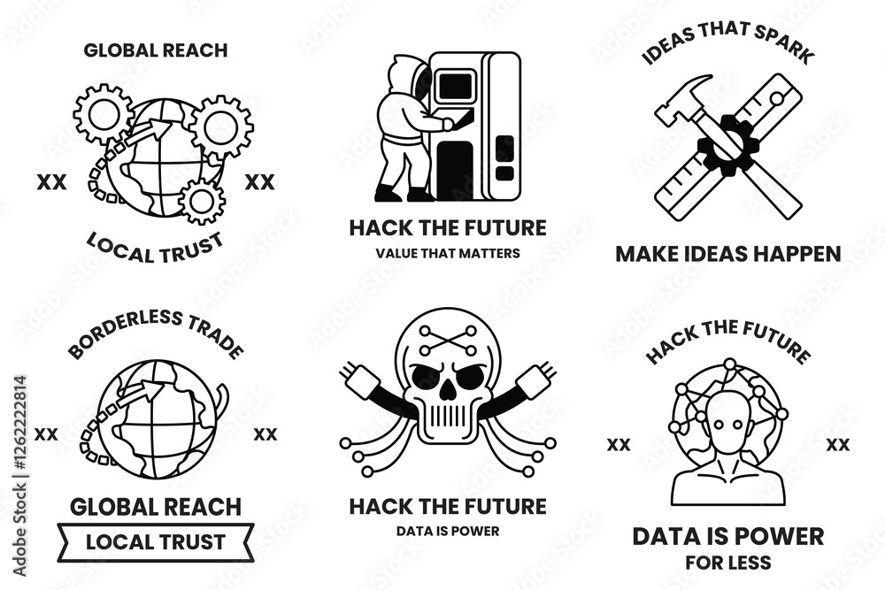 Poster set of illustrations in the concept of hackers and thieves in a line style