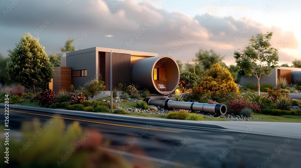 Poster discreet underground pipeline design revealing vital home components in minimalist architectural sty
