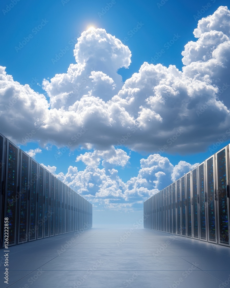 Poster a serene landscape featuring towering clouds and a pathway flanked by dark structures, evoking a sen