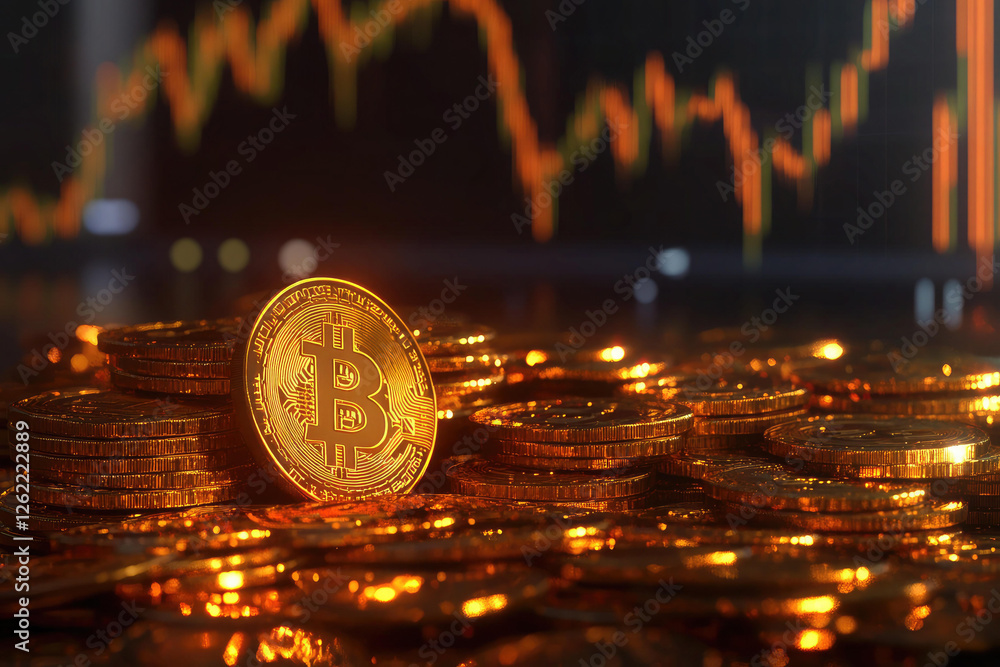 Poster golden bitcoin coin on a pile of cryptocurrency stacks with a blurred stock market graph in the back