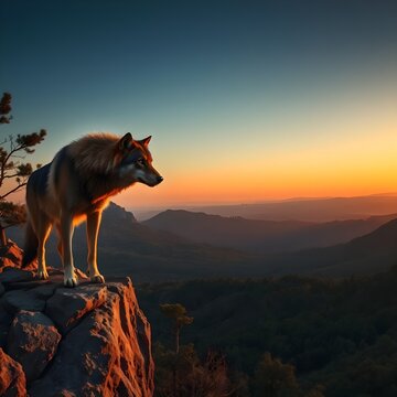 Un poderoso lobo ib&eacute;rico parado al borde de un acantilado, contemplando un vasto bosque espa&ntilde;ol en el crep&uacute;sculo.