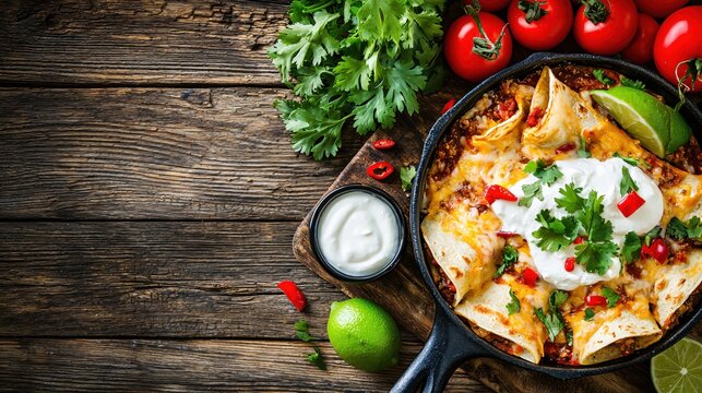 Delicious enchiladas with cheese and sour cream served in a cast iron pan on wood table