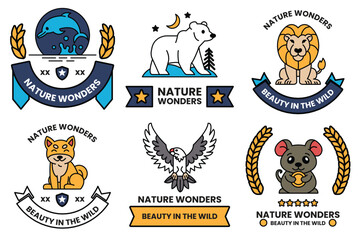 Set of illustrations in the concept of wild animals in line art style