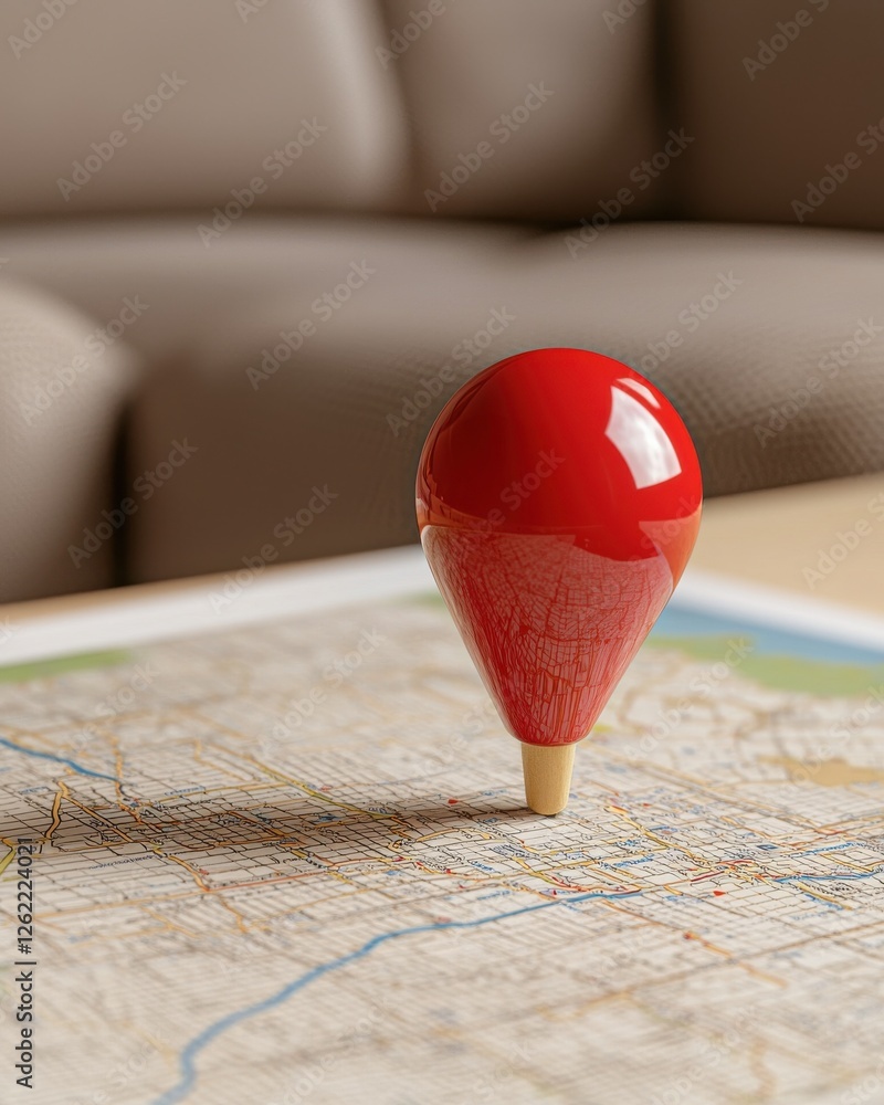 Poster a red map pin stands atop a map, symbolizing location and navigation in a cozy setting.