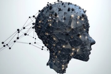 Abstract digital sculpture of a human head composed of dark nodes and glowing connections, representing neural networks, artificial cognition, and the complexity of AI systems in modern illustration