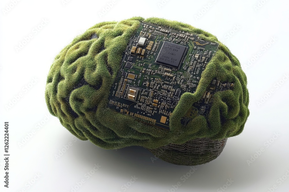 Poster lush green brain sculpture merged with intricate circuitry and tech elements, symbolizing bio digita
