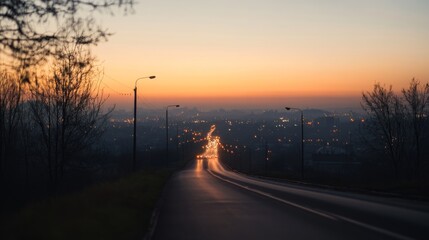 Obraz premium Sunrise highway traffic city lights background, travel