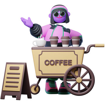 Seling with Coffee Cart 3D character