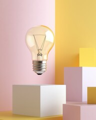 A light bulb floats above pastel cubes against a colorful background, symbolizing creativity and innovation.