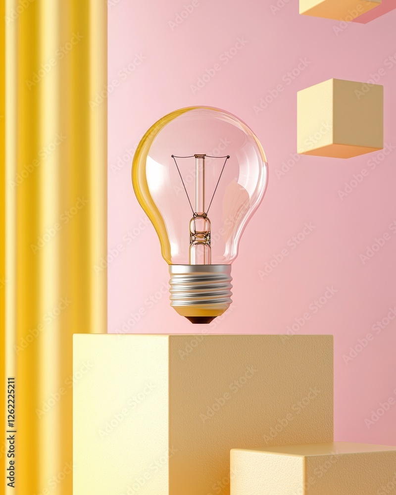 Poster a clear light bulb is displayed on a yellow pedestal against a pink background, with geometric shape
