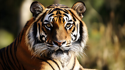 Fototapeta premium Majestic tiger with striking orange and black stripes, showcasing its powerful presence in natural setting. intense gaze reflects strength and beauty