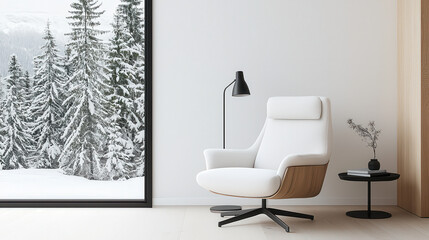 modern Scandinavian style living space featuring white lounge chair, sleek floor lamp, and view of snowy trees through large windows, creating cozy atmosphere