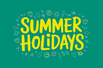Summer Holidays Typography Text Vector Template – Trendy Handwritten Calligraphy with Stylish Font Design for Wallpapers, Backgrounds, Travel Posters, Beach Party Invitations, Vacation Greeting Cards,