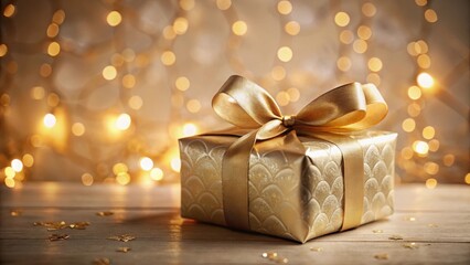 A Luxurious Gold Gift Box Adorned with a Delicate Satin Bow, Set Against a Warm and Festive Background of Sparkling Lights