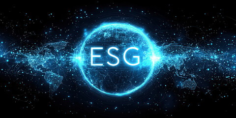 digital rendering of Earth with glowing ESG text, symbolizing sustainability and global awareness. image conveys sense of innovation and responsibility