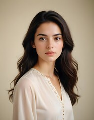 Spanish girl with long hair and calm demeanor, gracefully posed against a plain background