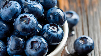Juicy and fresh blueberries with drops of water in a white bowl on an old wooden surface, creating an atmosphere of naturalness, freshness and natural coziness with an emphasis on the texture of the f