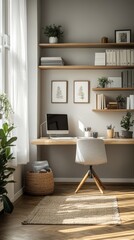 A cozy home office features a simple wooden desk, organized shelves, and natural light streaming through the window. Plants add a refreshing touch to the workspace ambiance