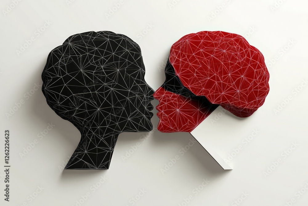 Poster artistic representation of two textured brains in silhouette form, with one splitting into geometric