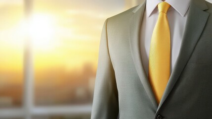 Elegant formal attire, crisp white shirt, striking yellow tie and tailored suit for a professional look