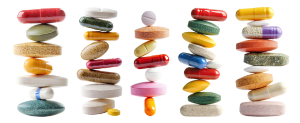 Set of stacks of colorful pills and capsules balancing, isolated on transparent cutout background