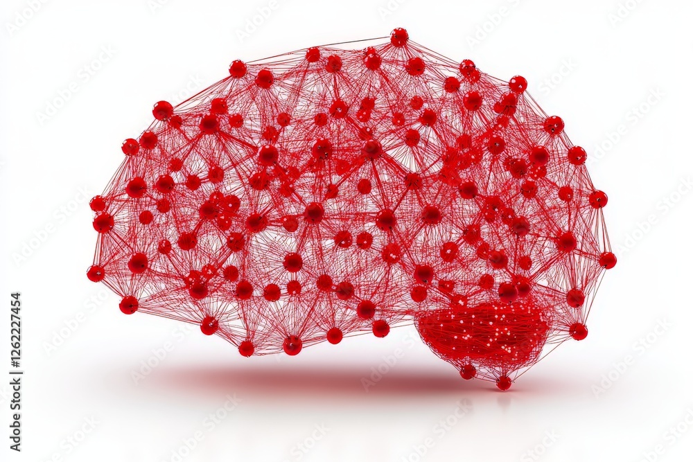 Poster abstract red networked brain illustration showcasing neural connections and advanced synaptic activi