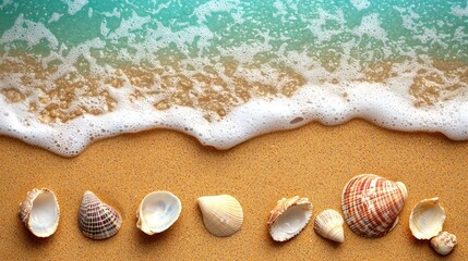 Seashells on Sandy Beach with Turquoise Ocean Wave