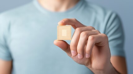 Man demonstrates precision and focus balancing a small wooden cube