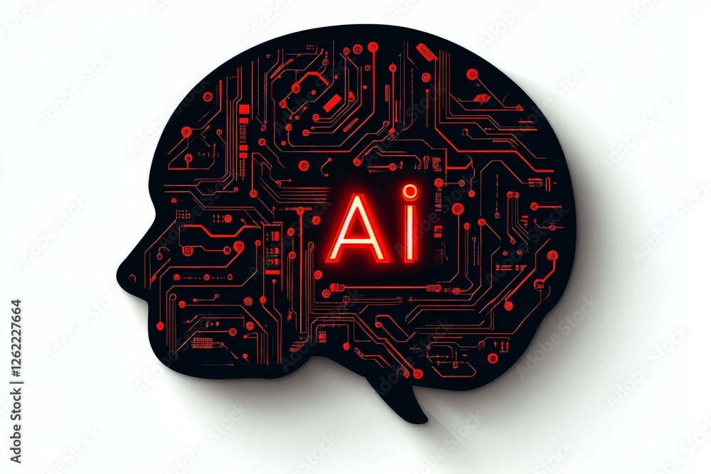 Poster artificial intelligence brain in dark silhouette with glowing red circuits representing futuristic a