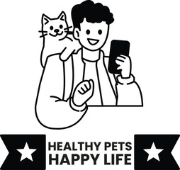 A man is holding a phone and a cat is on his shoulder in the style of sign illustrations